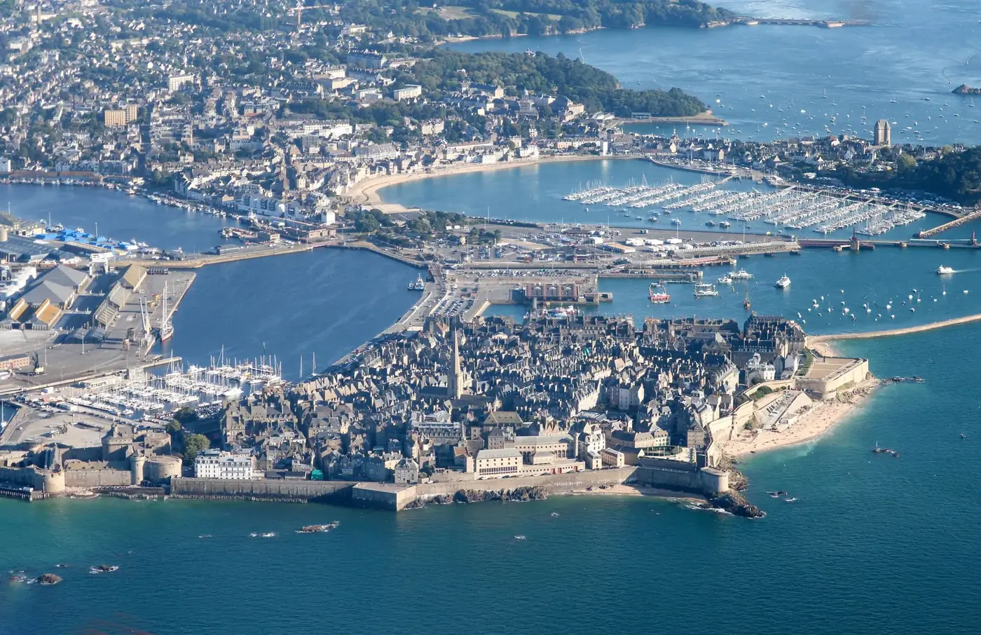 Explore the stunning aerial view of the fortified city of Saint-Malo in Brittany, France.