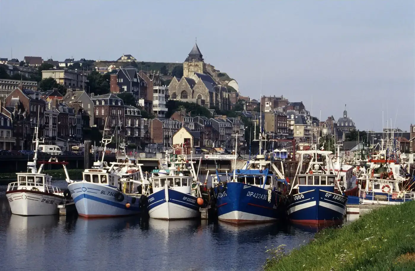 Fishing boats moored in Le Tréport harbor, showcasing Normandie's picturesque town and architecture.