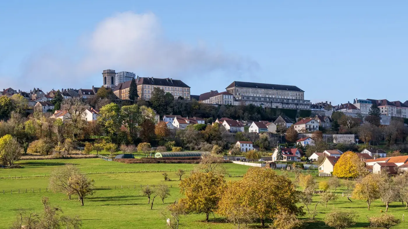 A scenic view of Besançon's hillside architecture amidst lush greenery in fall.