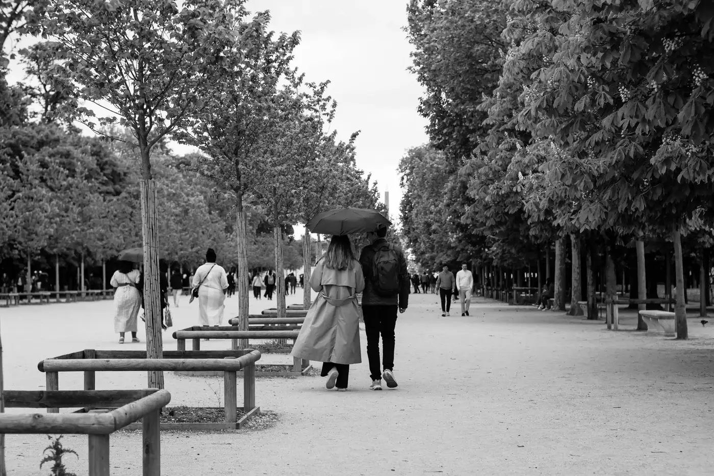 Couple walking under an umbrella in a Paris park, capturing a rainy spring atmosphere in black and white.