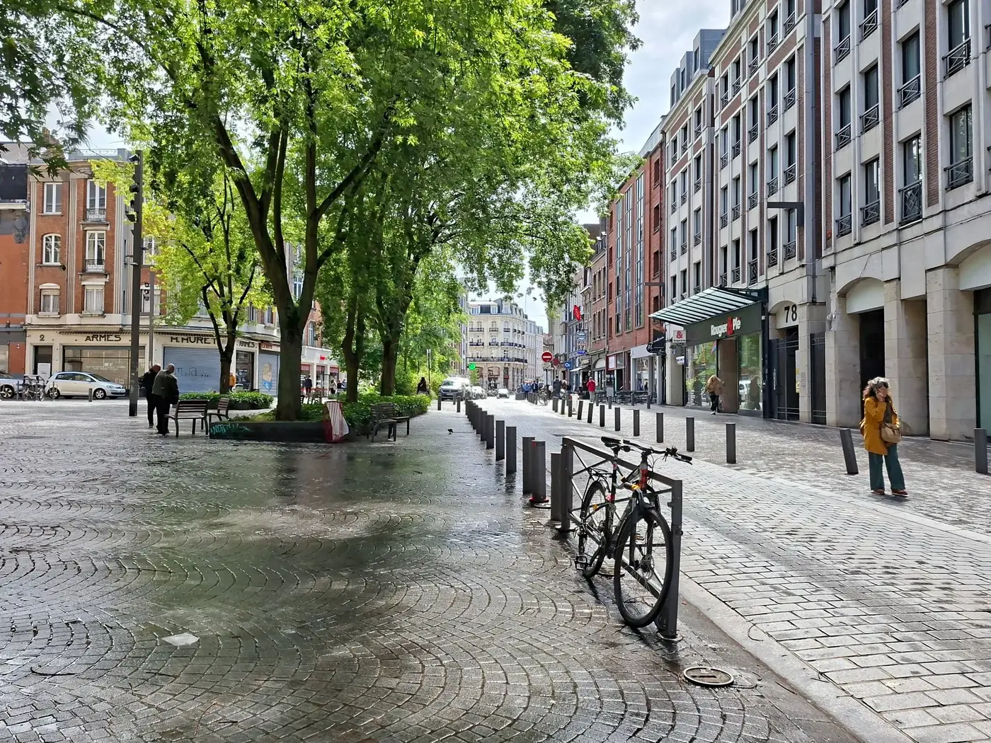 A sunny day on a street in Lille, France, featuring a bicycle and lush green trees.
