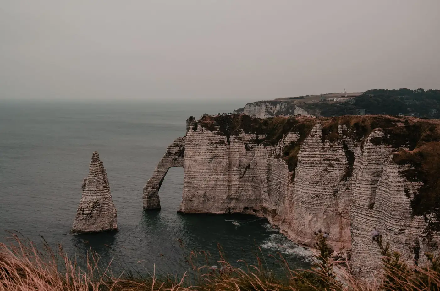 Dramatic view of Etretat's iconic cliffs and ocean under a gray sky.