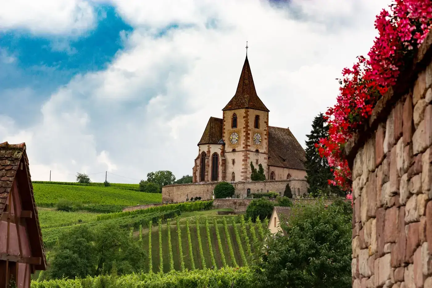 Picturesque church surrounded by lush vineyards in Ribeauvillé, Grand Est, France.